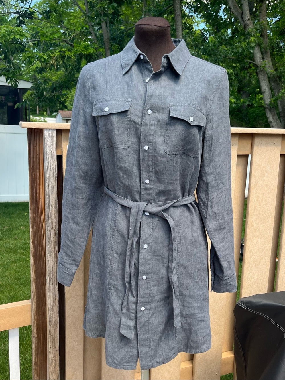 Island Company Women’s Dress 100% Linen Safari Shirt Dress Dark Gray Size S